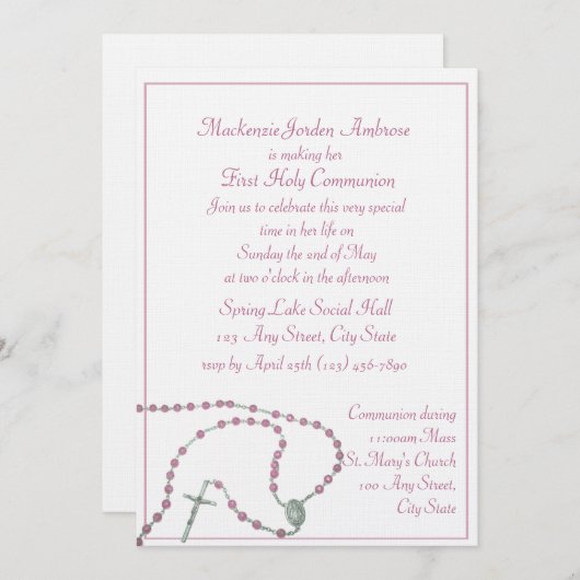 Invitation de communion rosée (Devant / Derrière)