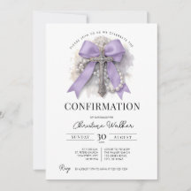 Invitation de confirmation au ruban violet et chap