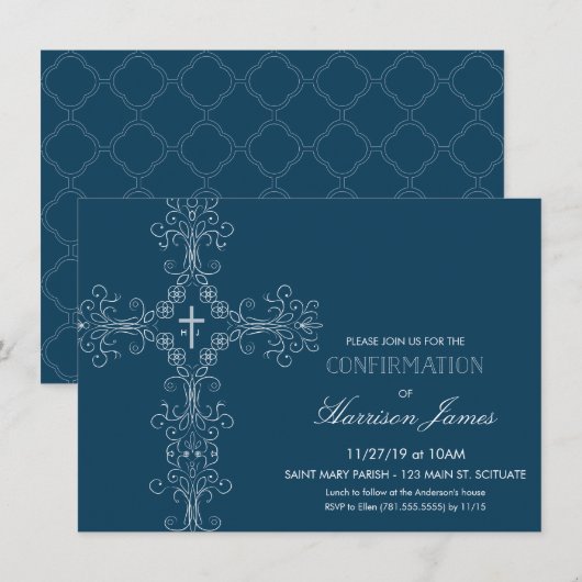 Invitation de confirmation avec croix, Monogramme (Devant / Derrière)