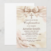 Invitation de confirmation avec ruban beige et per (Devant / Derrière)