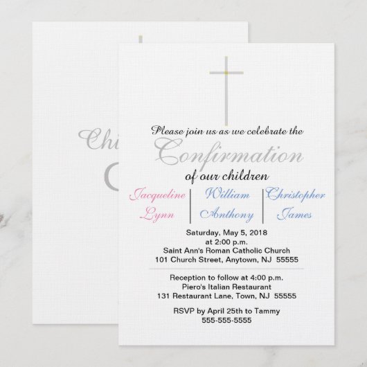 Invitation de Confirmation Bleu Rose Triplés (Devant / Derrière)