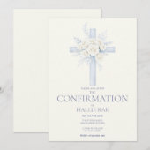 Invitation de Confirmation, Croix Florale Bleue Mo (Devant / Derrière)