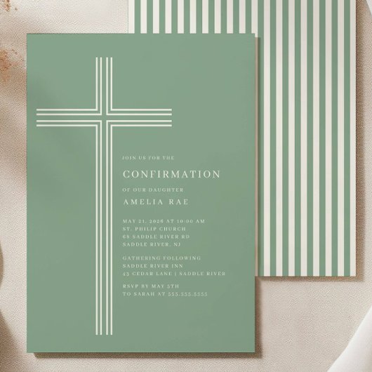 Invitation de confirmation croix rayée sauge