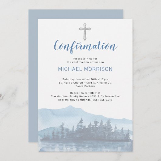 Invitation de confirmation d'aquarelle bleu élégan (Devant / Derrière)