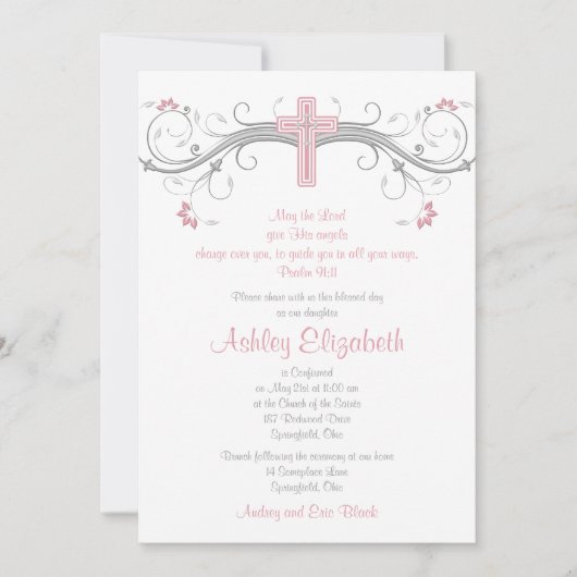 Invitation de confirmation de croix gris argent ro (Devant)