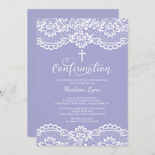 Invitation de confirmation de dentelle Vintage vio (Devant / Derrière)