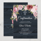 Invitation de confirmation de fleurs de bois bleu  (Devant / Derrière)