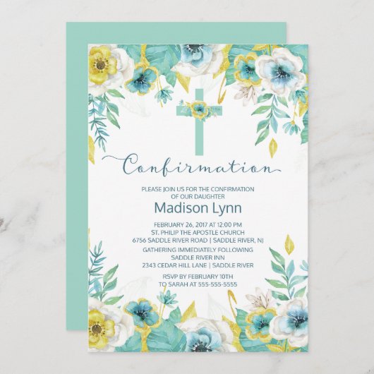 Invitation de confirmation de la croix florale de  (Devant / Derrière)