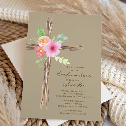 Invitation de confirmation de la croix rustique fl