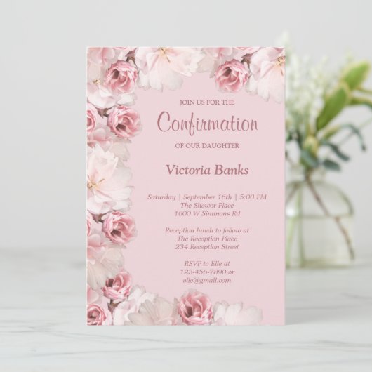 Invitation de confirmation de roses roses/blanches (Debout devant)