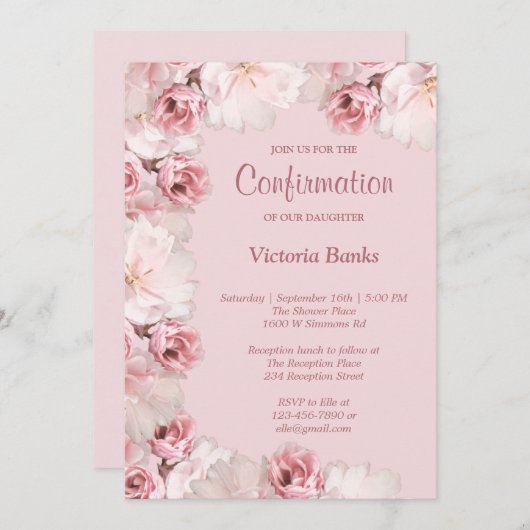 Invitation de confirmation de roses roses/blanches (Devant / Derrière)