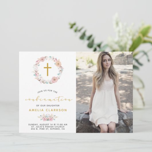 Invitation de confirmation délicate florale et cot (Debout devant)