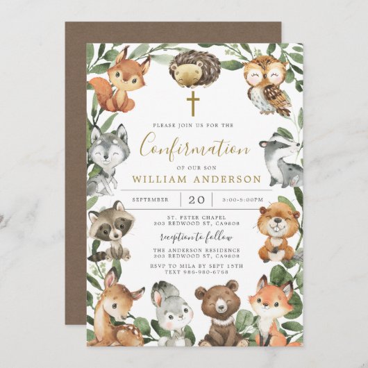 Invitation de confirmation des animaux de forêt (Devant / Derrière)
