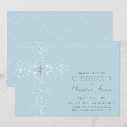 Invitation de confirmation du garçon avec croix, i (Devant / Derrière)