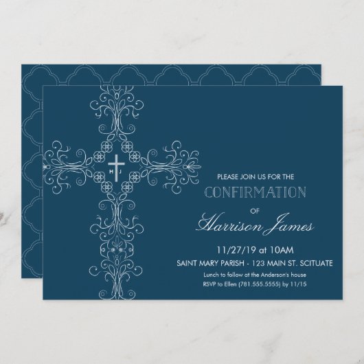 Invitation de confirmation du garçon avec croix, M (Devant / Derrière)