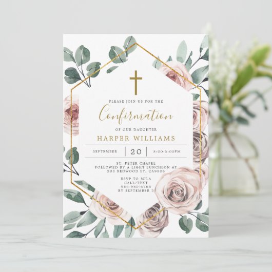 Invitation de confirmation du Rose Boho (Debout devant)