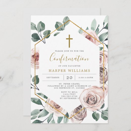 Invitation de confirmation du Rose Boho (Devant / Derrière)