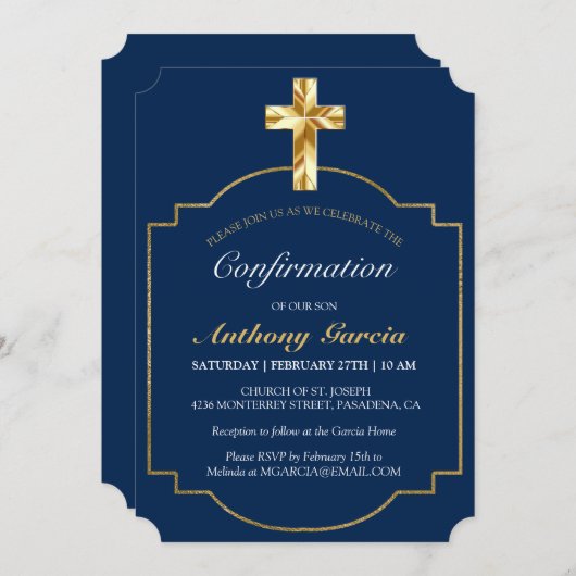 Invitation de confirmation Elegant Blue Gold Cross (Devant / Derrière)