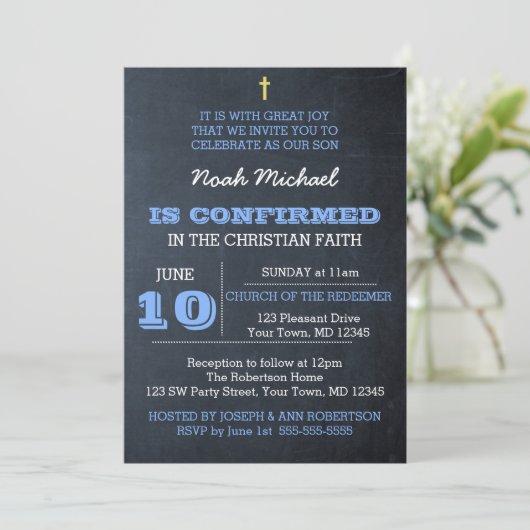 Invitation de confirmation en bleu Chalkboard (Debout devant)