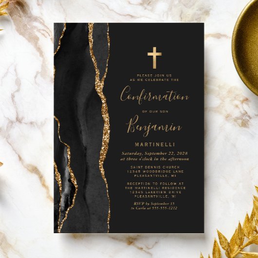 Invitation de confirmation en or avec agate noire