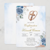 Invitation de confirmation florale bleue Crucifix (Devant / Derrière)