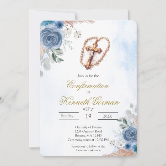 Invitation de confirmation florale bleue Crucifix (Devant)