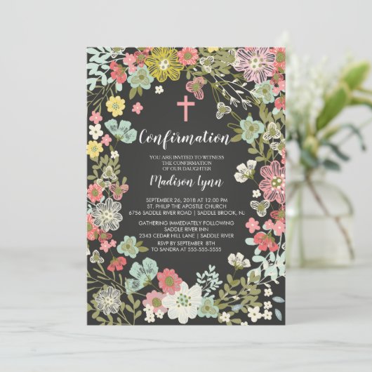 Invitation de confirmation Florale Chalkboard (Debout devant)