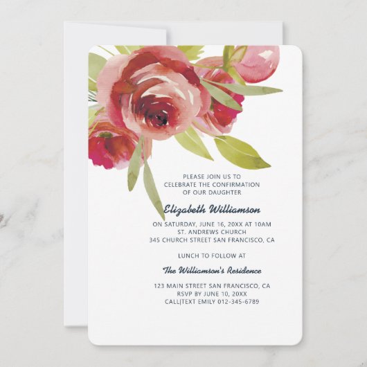 Invitation de confirmation florale d'aquarelle mod (Devant)