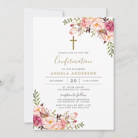 Invitation de confirmation florale rose (Devant)