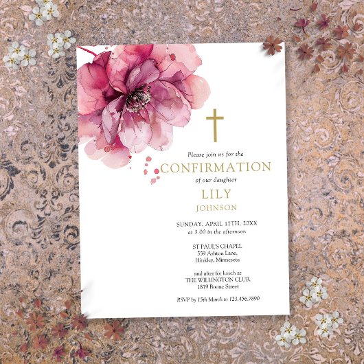 Invitation de confirmation florale rose aquarelle