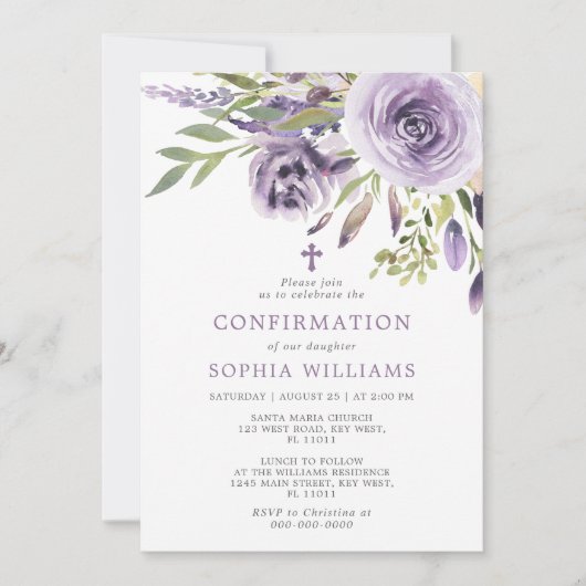 Invitation de confirmation Florale Rose violet (Devant)