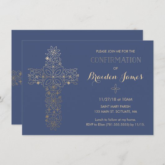 Invitation de confirmation - Invitation Gold Cross (Devant / Derrière)