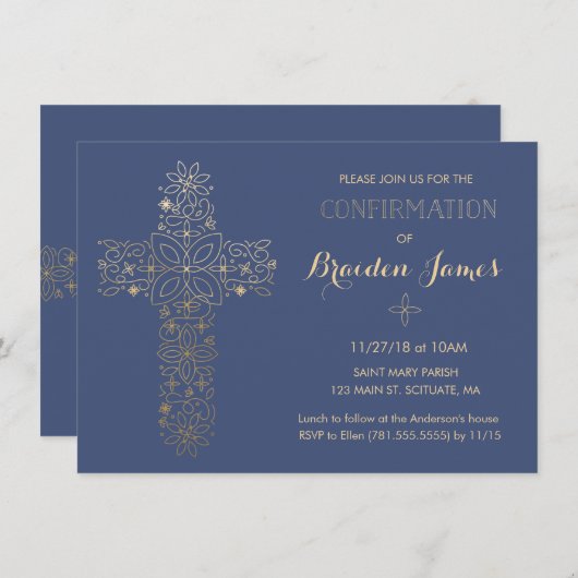 Invitation de confirmation - Invitation Gold Cross (Devant / Derrière)