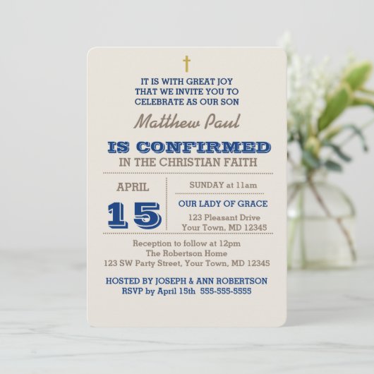 Invitation de confirmation Marine Blue & Silver (Debout devant)