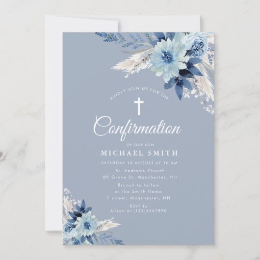Invitation de confirmation moderne à fleurs bleues (Devant)