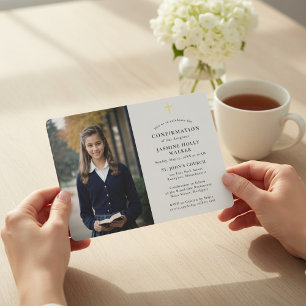 Invitation de confirmation photo avec croix dorée