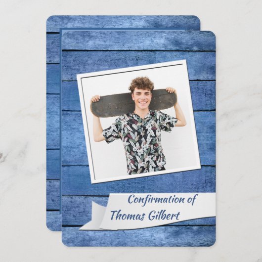 Invitation de confirmation photo bleu rustique (Devant / Derrière)
