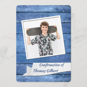 Invitation de confirmation photo bleu rustique