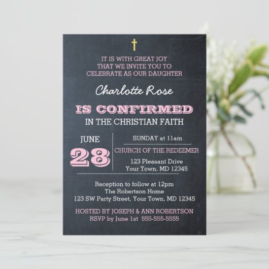 Invitation de confirmation Pink Chalkboard (Debout devant)