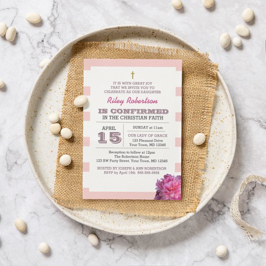Invitation de confirmation Pink Stripe and Peony