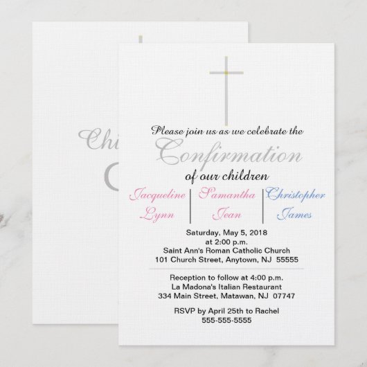Invitation de Confirmation Rose Bleu Triplés (Devant / Derrière)