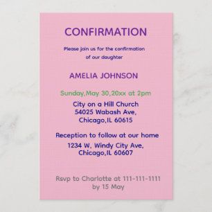 Invitation de confirmation rose et violet