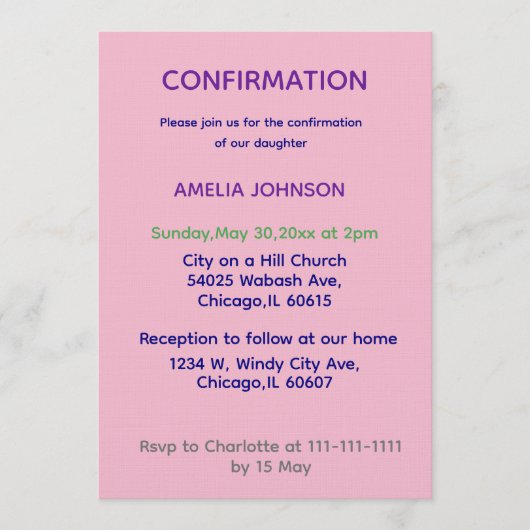 Invitation de confirmation rose et violet (Devant)