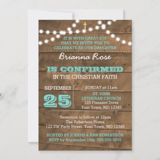 Invitation de confirmation Turquoise des feux de b (Devant)