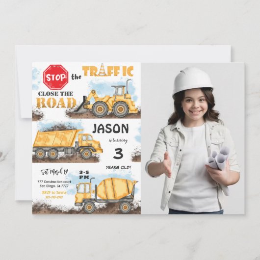 Invitation de construction jaune et noir avec phot (Devant)