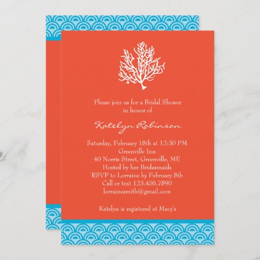 Invitation de corail de Fête de la mariée (Devant / Derrière)