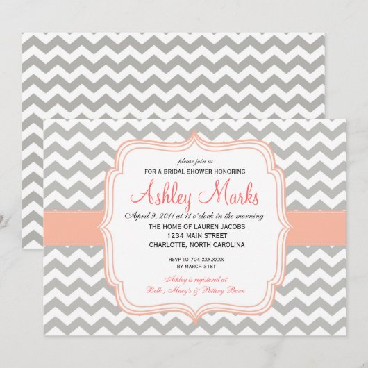 Invitation de corail et grise de Chevron (Devant / Derrière)