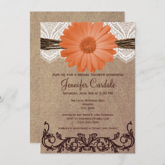 Invitation de corail rustique de Fête de la mariée (Devant / Derrière)