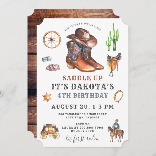 Invitation de Cowboy 4e anniversaire (Devant / Derrière)