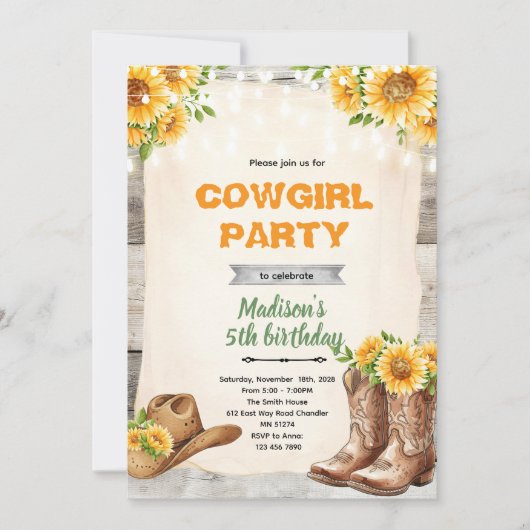 Invitation de cowgirl au tournesol rustique (Devant)